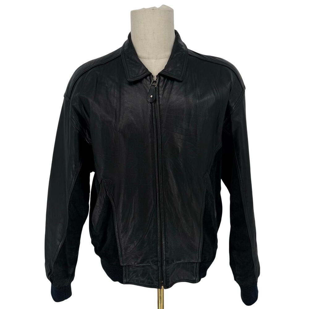 Vintage 1990s Leather Bomber Jacket Black Suede Panels Men's Size M Full Zip